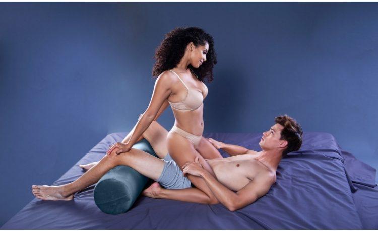Ruby Ryder shared couple with bolster sex cushion for pegging cowboy position