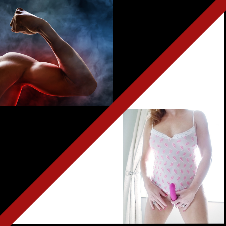 Muscular arm flexing bicep and woman in a pink and white top wearing a pink strap-on and holding the dildo with her hand. Thick red line separates the two images.